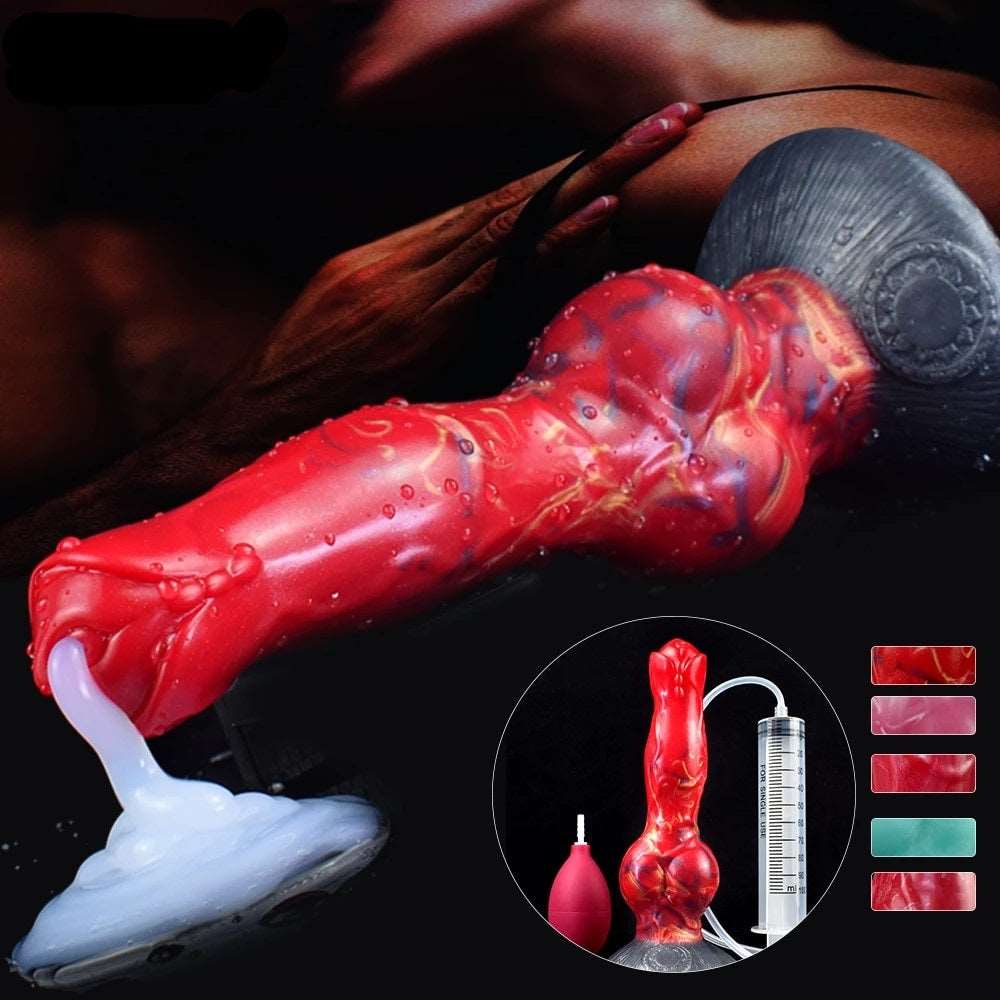 Red canine-style squirting dildo with knot detail and rounded gray base