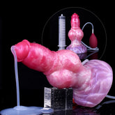 Pink dog-shaped silicone dildo with suction tube and pump syringe, glossy texture