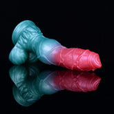 Blue and pink knotted alien fantasy dog dildo with glossy ridged texture.