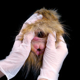 Furry animal dual-hole stroker with brown-gold faux fur hood and two openings