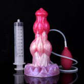 Minotaur squirting dildo, pink-purple, with clear tube and red bulb