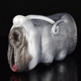 Furry light-gray cow-shaped sex toy with detailed muzzle and pink inner opening