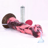 Horse-shaped ejaculating dildo, marbled pink and dark, textured base, with scale tube
