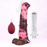 Squirting horse-cock toy with brown textured base, pink translucent body, syringe