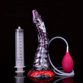 Zoe the Slither Queen dildo with clear tube and pink pump bulb, purple-and-white