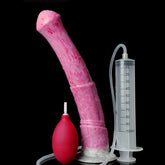 Pink fantasy dildo with flared base, red bulb and measurement syringe for sizing