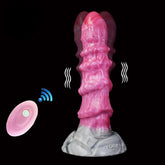 Pink ribbed octopus-style butt plug vibrator with flared gray base and wide top.