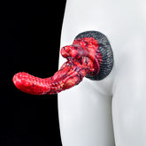 Curved monster tongue anal dildo, red ridged fantasy plug with dark rim