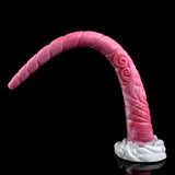 Curled pink tentacle butt plug with spiral ridges and white flared base