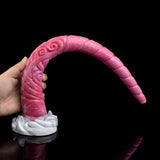 Pink tentacle butt plug with white flared base, close view of spiral ridges