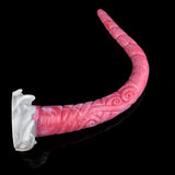 Angle view of pink long tentacle butt plug; white flared base at the left end