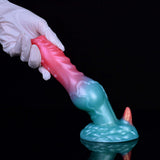 7.75-inch monster dog dildo, pink and light-blue spiral knot base, G-spot horn tip