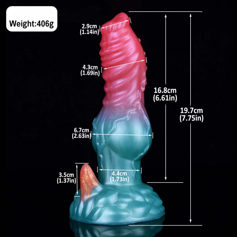 Dildo size view: teal base and pink head, 7.75 in length, 406 g weight