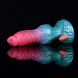Alien dog dildo with teal base and pink ribbed shaft, horned head detail