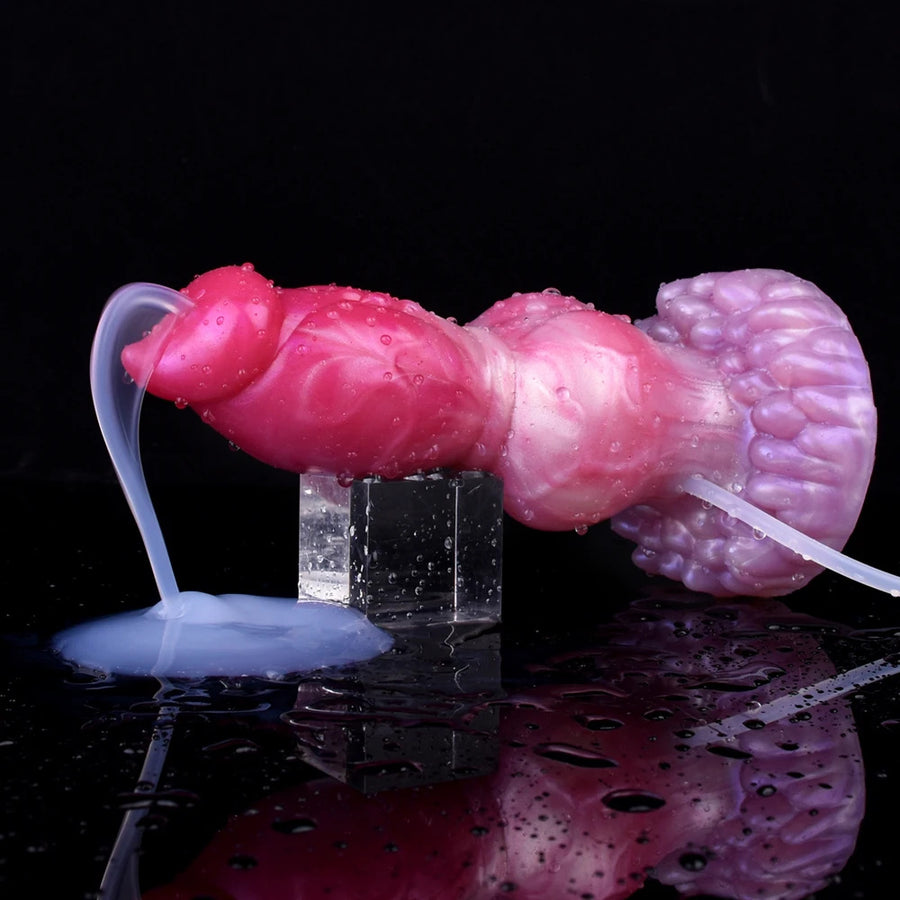 Dog-shaped dildo with knotted base, pink translucent body, water spray effect, tubing