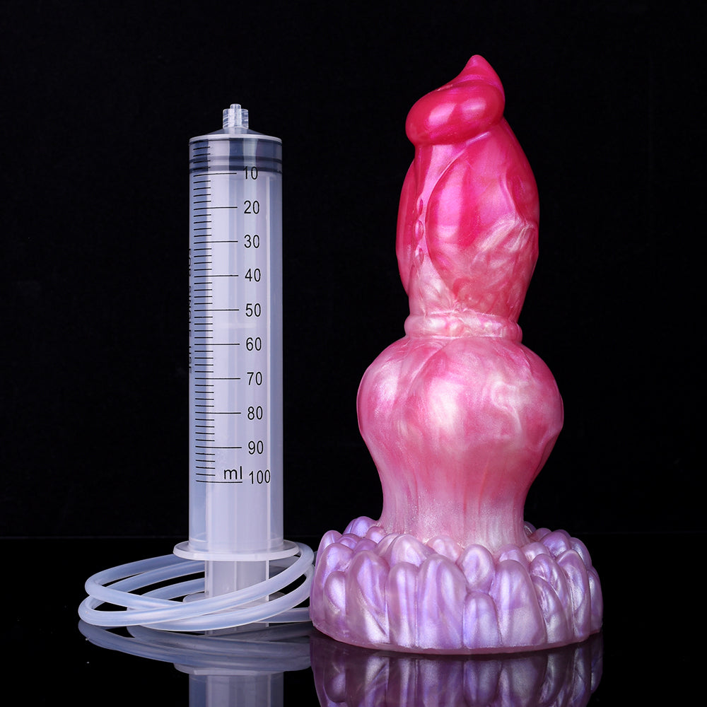 Hund-Dildo mit Messröhre und Schlauch, rosa-pinke Oberfläche, knotenförmiger Ring