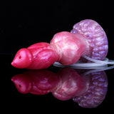 Seitansicht: pink-violetter Hund-Dildo mit knotenförmigem Ring und Schlauch