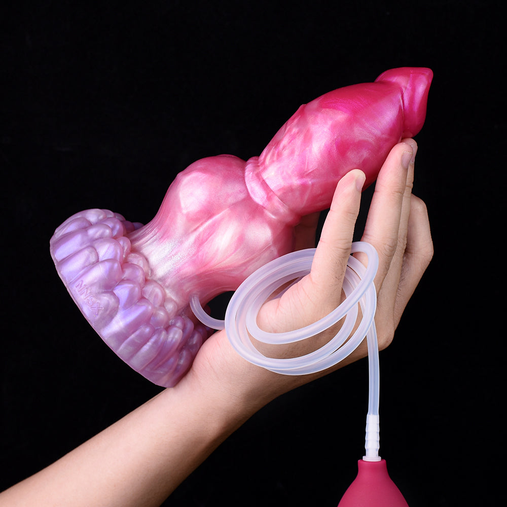 Hund-Dildo in rosa Tönen, knotenförmiger Ring, transparente Schlauchschlaufen