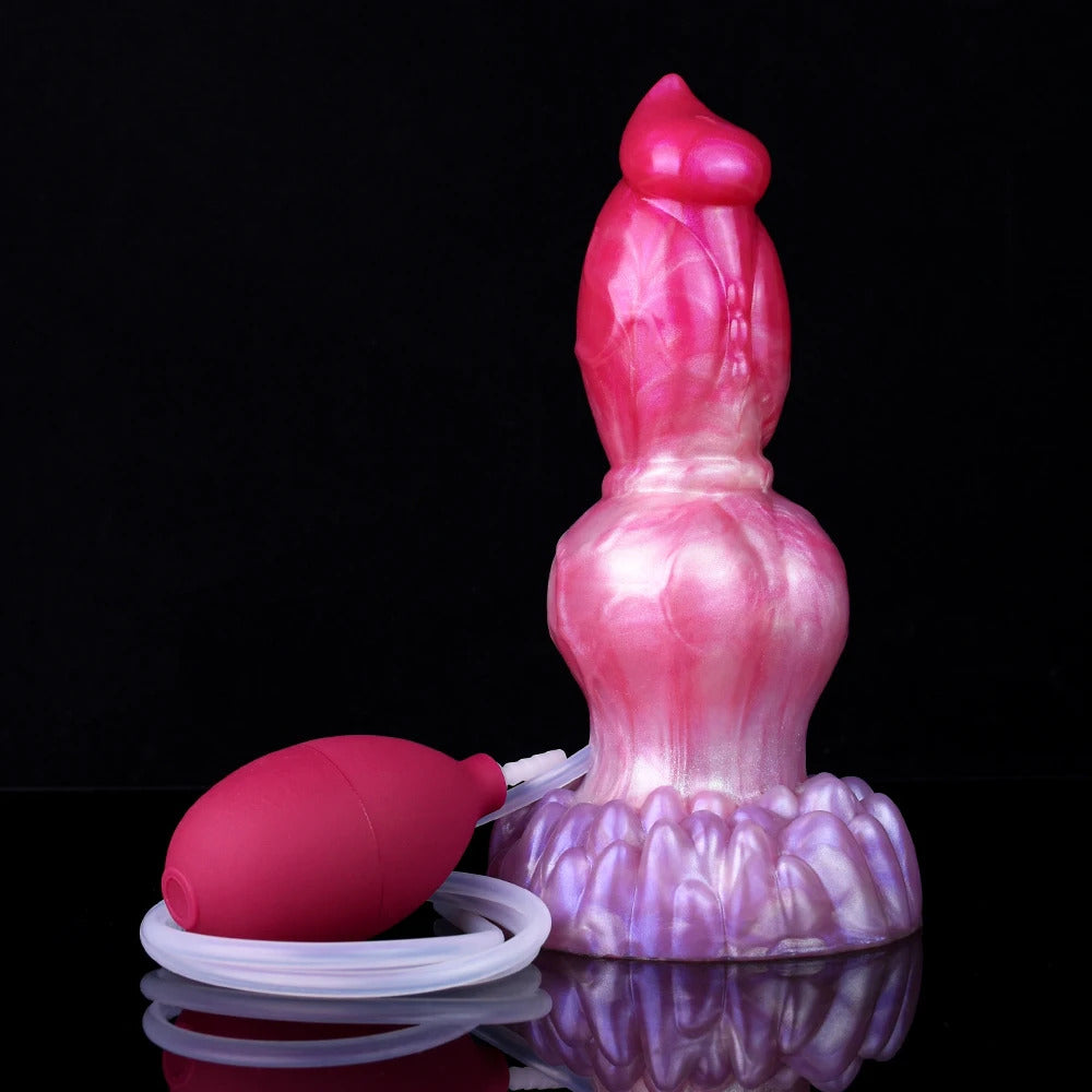 Hund-Dildo mit rosa Pumpeinheit und Schlauchschlaufe, glänzende Oberfläche