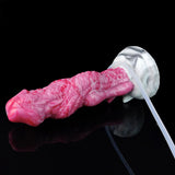 Rosafarbener gebogener Drachen-Dildo mit Knot, breite Saugbasis und Schlauch