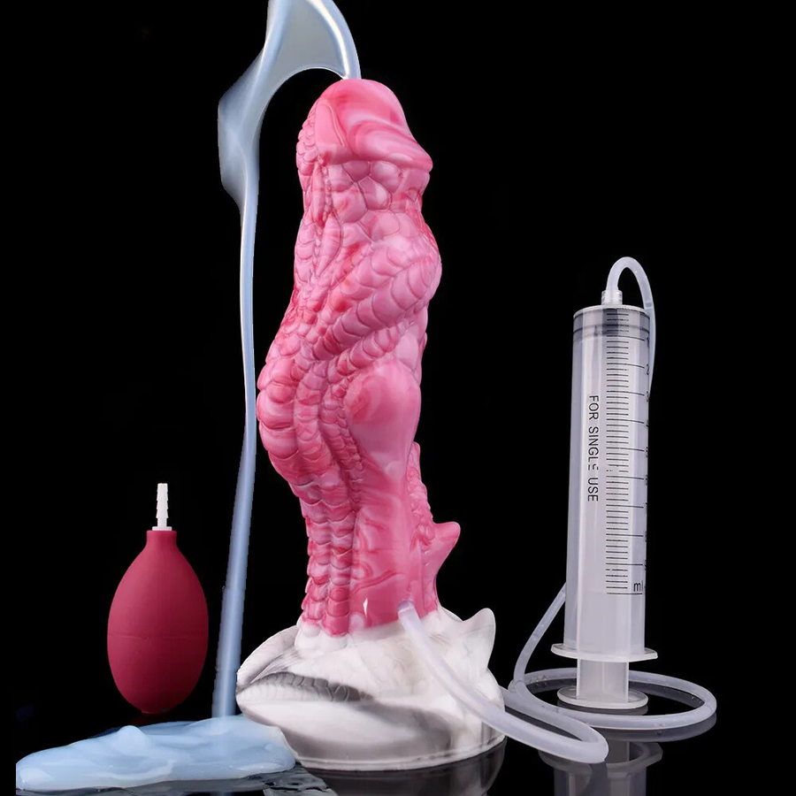 Pink dragon-textured dildo with curved knot plus air-pump accessories and tubing