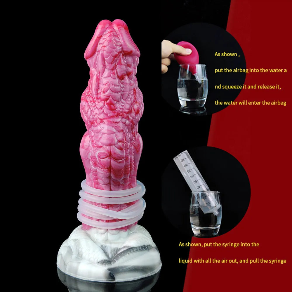 Aufrechter Drachen-Dildo mit rosafarbenem Relief, Saugbasis, Schlauch und Pumpen-Set