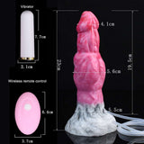 Pink translucent vibrator with size dimensions shown; includes remote control illustration.