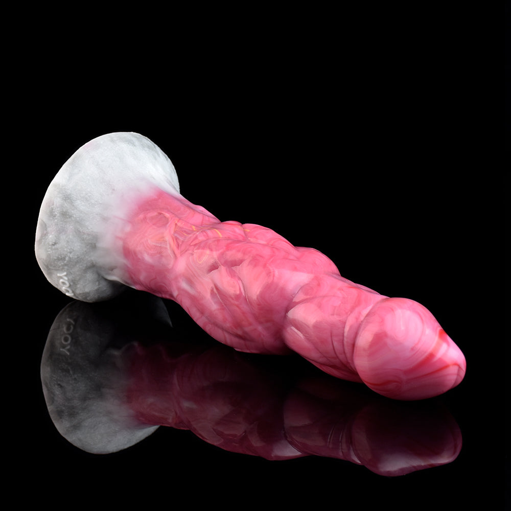 Pink translucent monster vibrator side angle with huge knot and white base