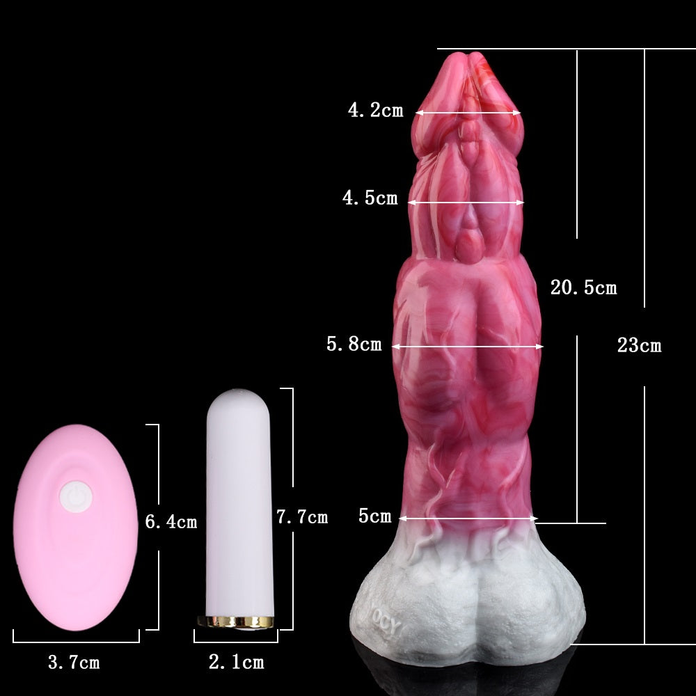 Monster vibrator size diagram: huge knot, pink translucent body and white base