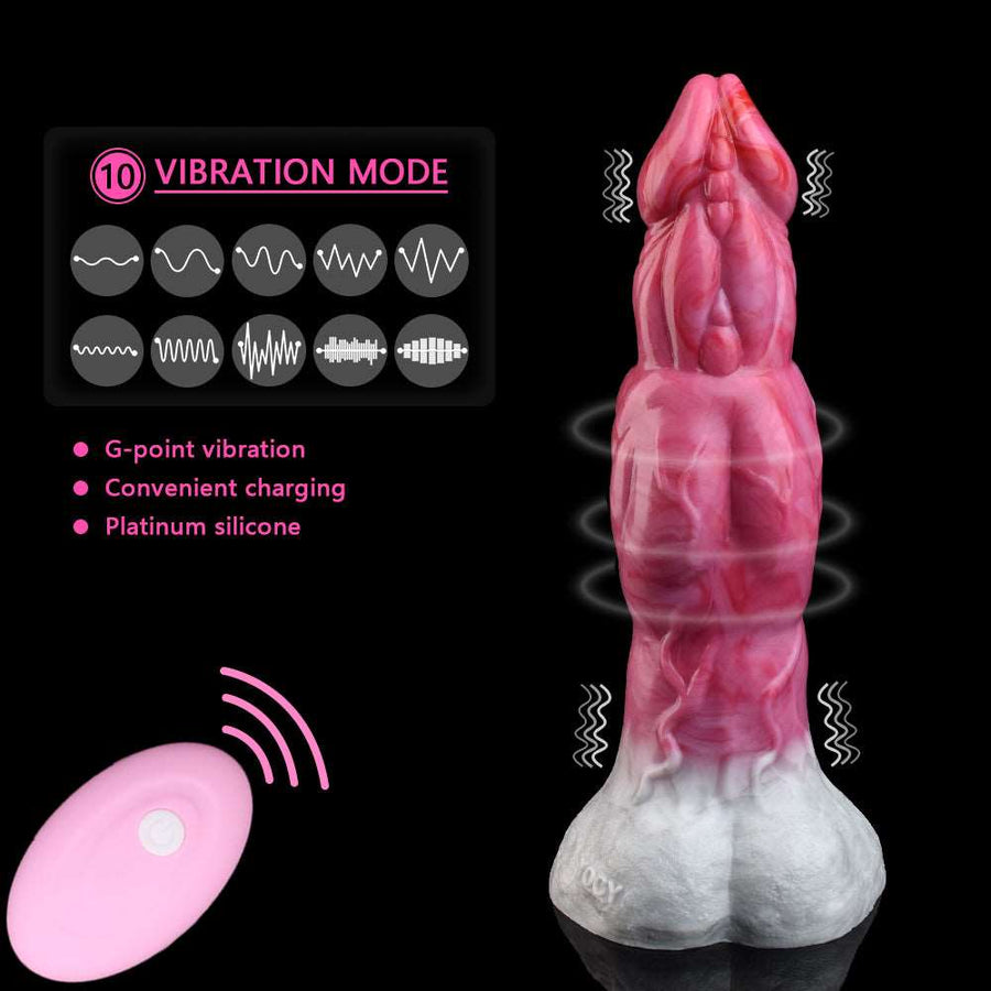 Pink translucent monster vibrator with huge knot and vibration modes shown