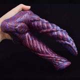 AELORIA double penetration dildo, ribbed purple-blue marbled finish, twin prongs