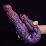 Double-ended dildo, curved shape with ribbed look and purple-blue speckled finish
