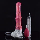 Pink translucent dildo with white base next to syringe and red bulb, front view