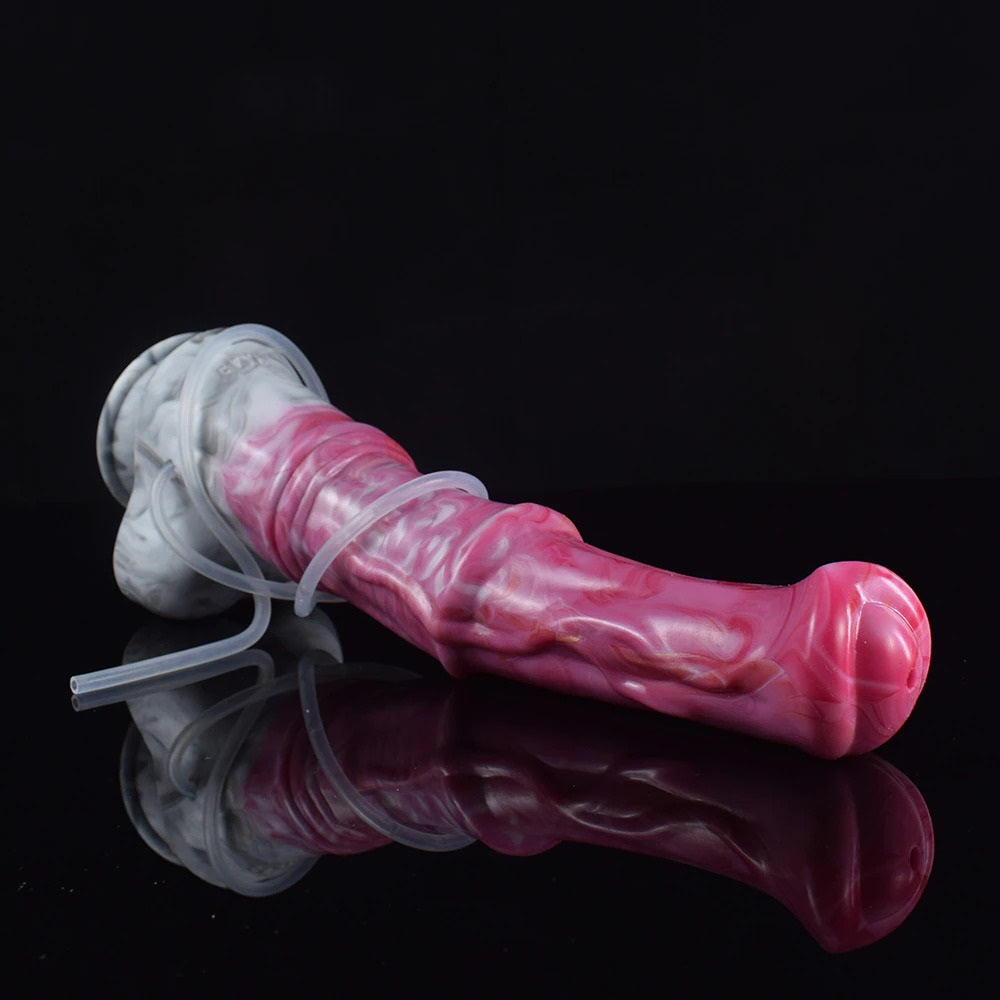 Pink translucent horse-shaped ejaculating dildo with suction cup base