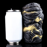 Black textured dual-hole stroker with gold streaks and side contours, next to white base