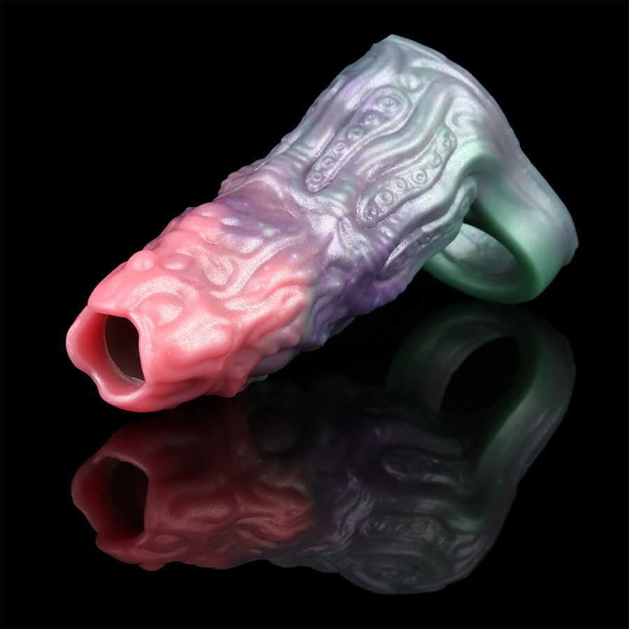 Iridescent fantasy cock sleeve with purple and pink molded tentacle details