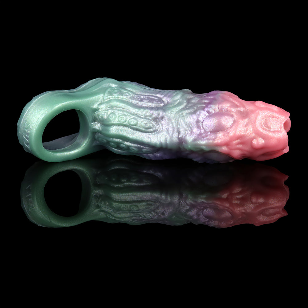 Abyssal Tendril cock sleeve, mirrored side view with open ring and detailed embossing