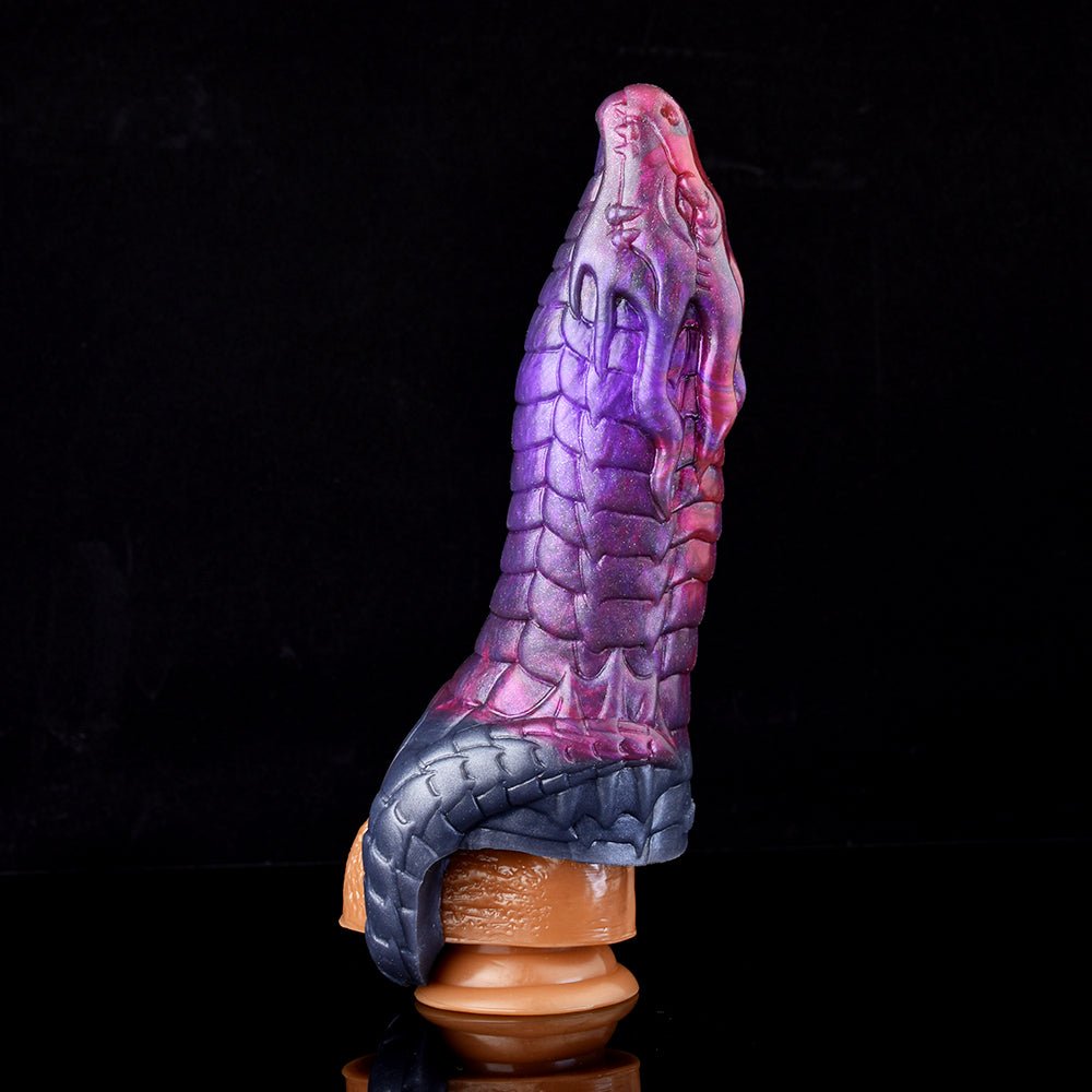 Purple scaled dragon-sleeve sheath with navy textured tail and hollow base opening