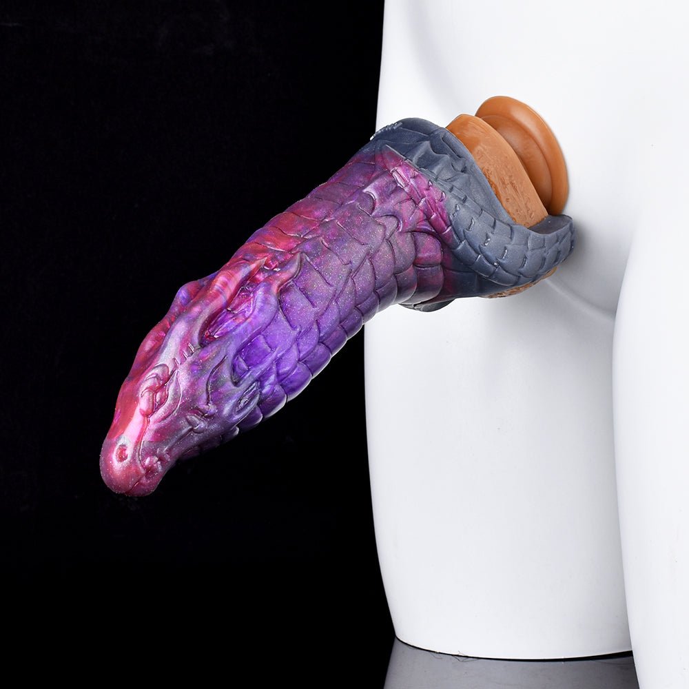 Purple dragon sheath sleeve with navy textured cuff and flared base with rim
