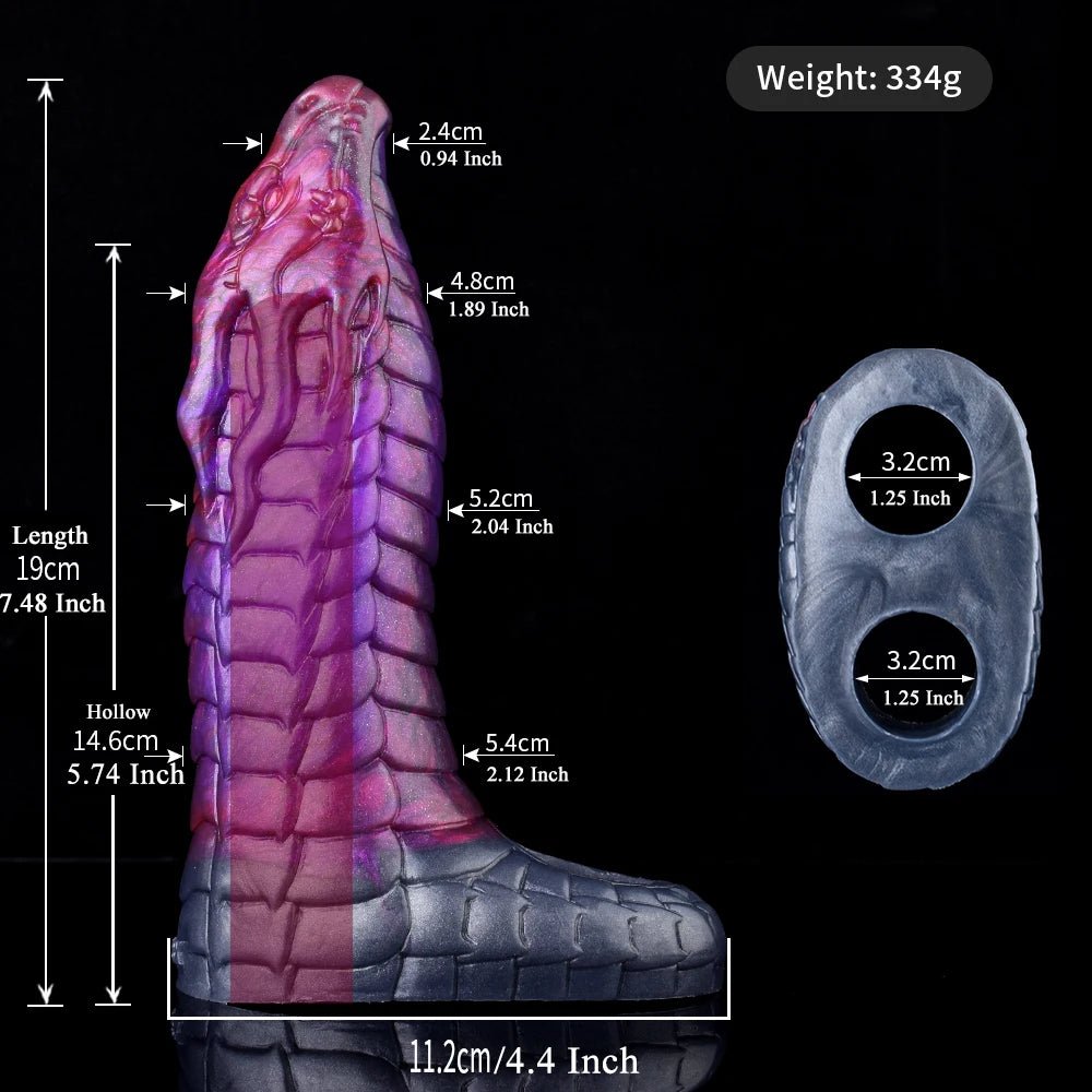 Size diagram of purple dragon-cock sleeve with measured length and weight