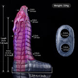 Size diagram of purple dragon-cock sleeve with measured length and weight