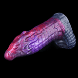 Close-up of purple dragon sheath sleeve with glossy scale texture and navy cuff