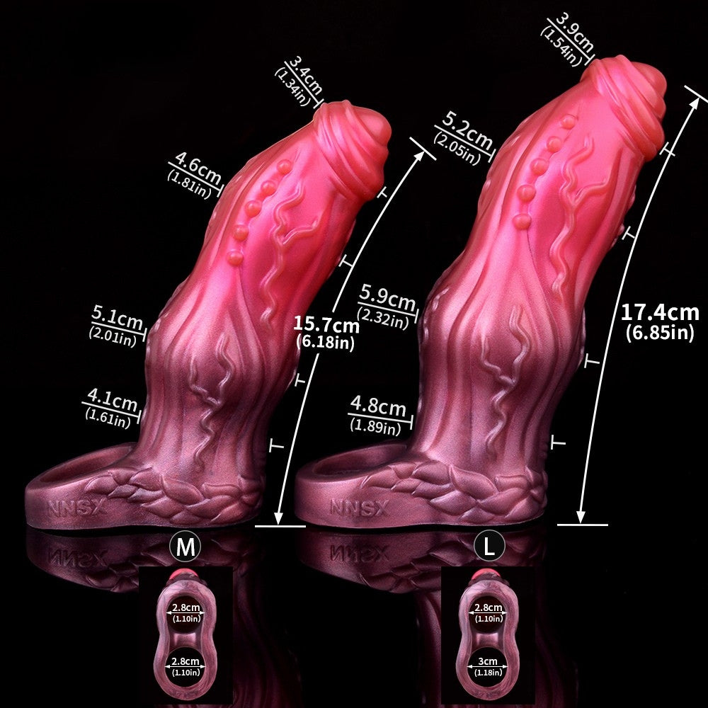 Size chart for pink ribbed canine sheath: M and L with dimensions