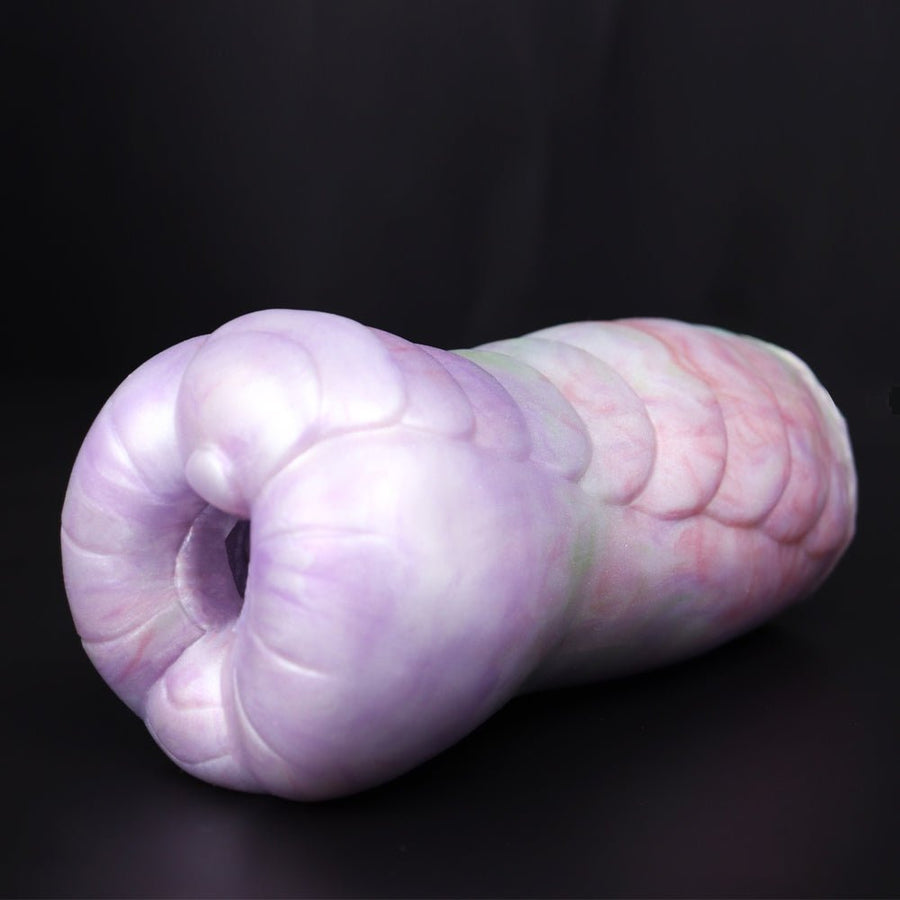 Purple inflatable-style male masturbator with circular opening and textured ridges.