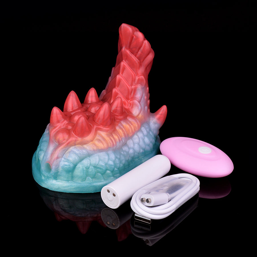 Spiky dragon sex toy with included wand and control remote, red and teal-blue