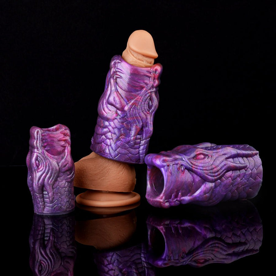 Purple dragon-scale penis sleeve with open-ended top and ridged dragon-face detail