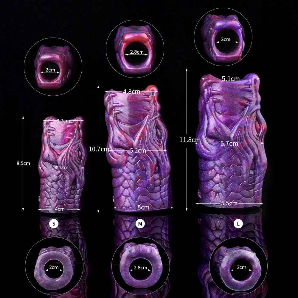 Purple dragon penis sleeve size chart: S/M/L and opening diameters