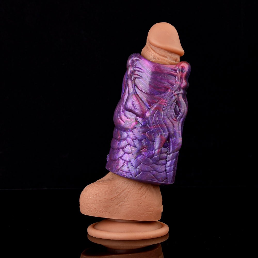 Purple dragon penis sleeve over tan insert, scaly dragon design