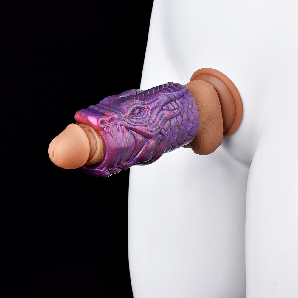 Purple dragon penis sleeve with tan insert, open end and curled dragon detail