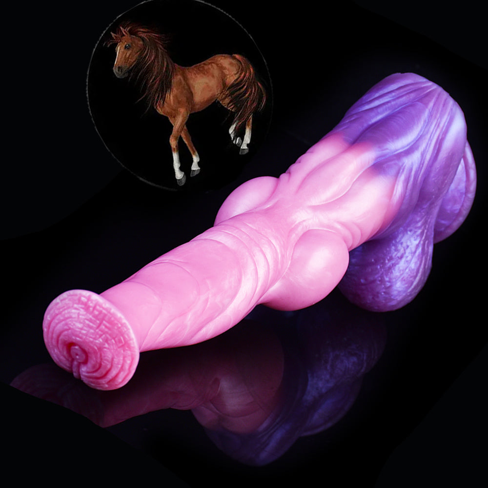 Long giant horse dildo in pink-purple, big knot at base, rounded tip
